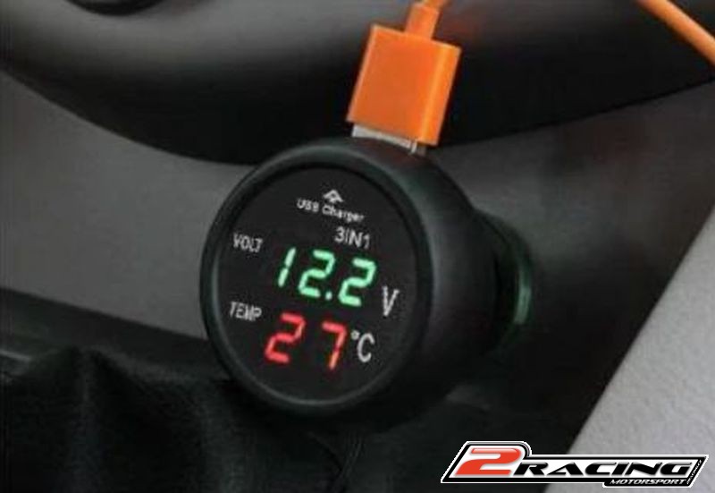 Auto voltmetr teploměr USB 12V 24V - dva displeje červené