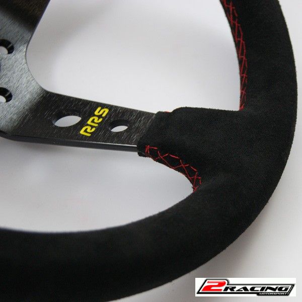 Semišový závodní volant RRS Rally 350mm/90mm 3 ramenný s tlačítkem klaksonu