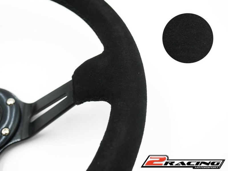 Závodní volant semišový 3ramena 350mm - odsazený 90mm černý 2 žluté proužky