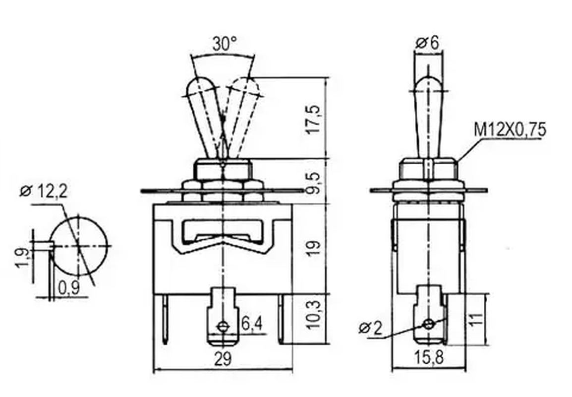 Páčkový letecký spínač 3pol 3pin ON-OFF-ON 250V/10A