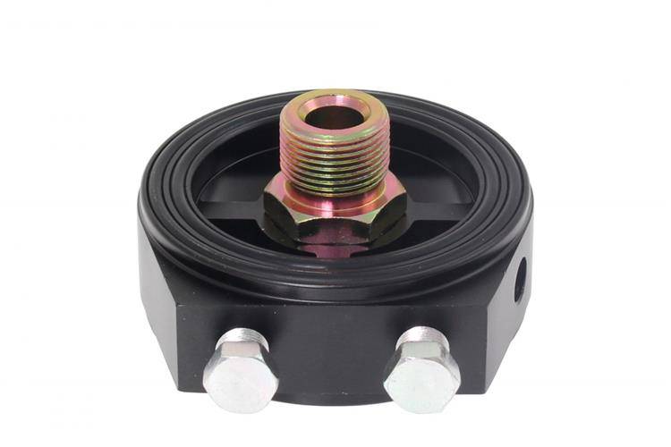 Příruba pod olejový filtr pro montáž čidla sendvič M18x1.5, M20x1.5, M22x1.5, 3/4-16UNF černý