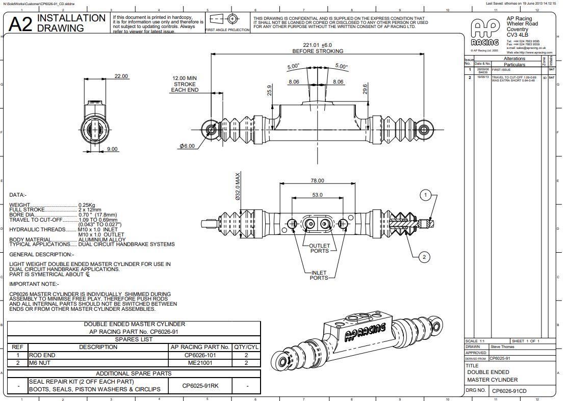 Dvouokruhový váleček AP Racing CP6026-91 pro ruční brzdu