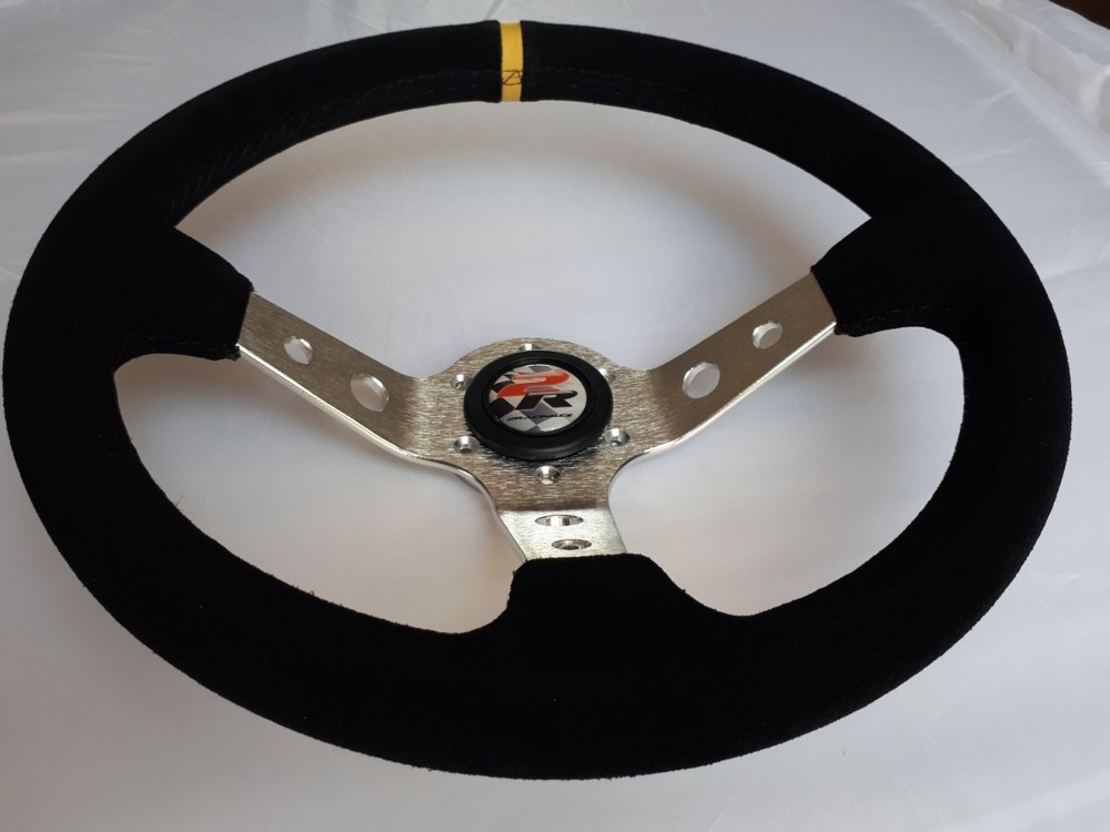 Závodní semišový volant 3ramenný 350mm - odsazený 70mm - stříbrný