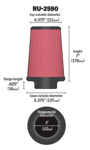 KN univerzální filtr kulatý kuželový RU-2590 vstup 102 výška 178 mm s gumovým topem