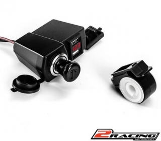 Vodotěsná dvojitá USB zásuvka + 12V se zapalovačem s voltmetrem na motorku, atv, marina