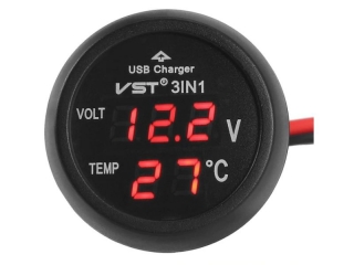 Auto voltmetr teploměr USB 12V 24V - dva displeje červené
