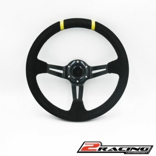 Závodní volant semišový 3ramena 350mm - odsazený 90mm černý 2 žluté proužky