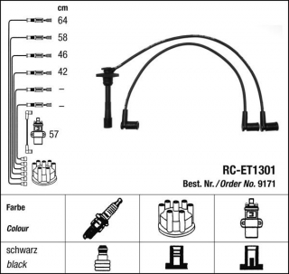 Zapalovací kabely NGK Toyota Carina 1.6 (02.92-09.94) RC-ET1301 9171 (sada)