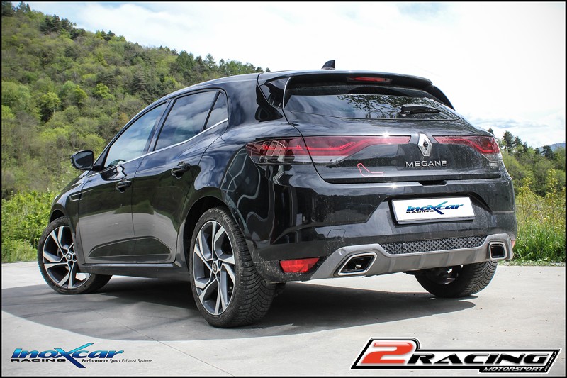 Zadní nerez výfuk koncovky Duplex bez tlumiče P+L Exclusive assembly on original spoiler Renault Megane IV GT (it is necessary to do a cut in the exit wound RIGHT side €“ it is recommended the application of protection for the heat on the right side of th