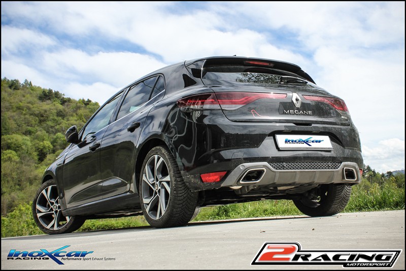 Zadní nerez výfuk koncovky Duplex bez tlumiče P+L Exclusive assembly on original spoiler Renault Megane IV GT (it is necessary to do a cut in the exit wound RIGHT side €“ it is recommended the application of protection for the heat on the right side of th
