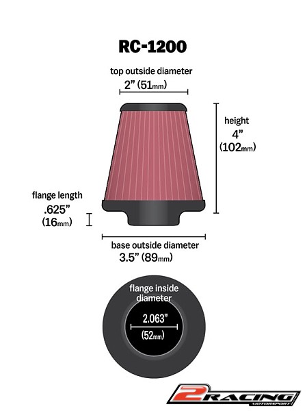 K&N univerzální sportovní filtr motokáry 52mm vstup, výška 102mm - RC-1200
