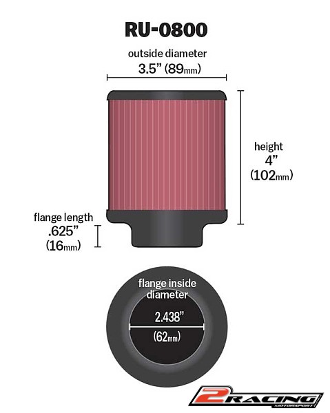 K&N univerzální sportovní filtr motokáry 62mm vstup, výška 102mm - RU-0800