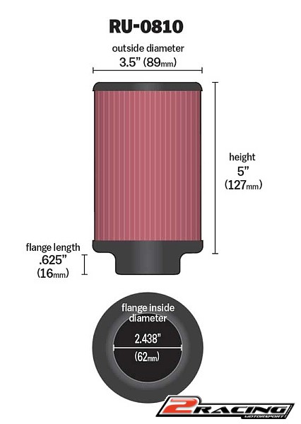 K&N univerzální sportovní filtr motokáry 62mm vstup, výška 127mm - RU-0810