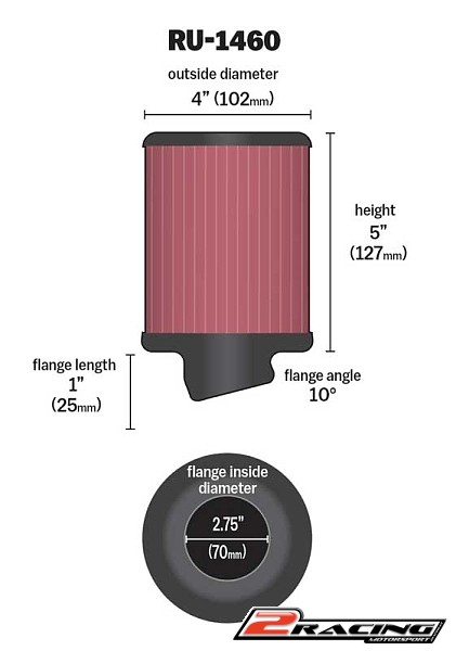 K&N univerzální sportovní filtr motokáry 70mm vstup, výška 127mm - RU-1460