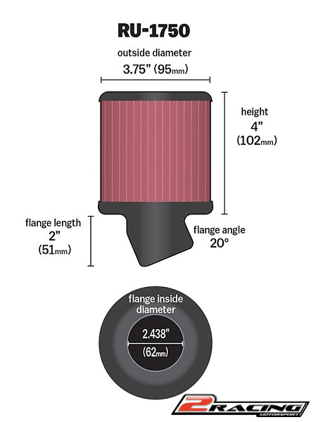 K&N univerzální sportovní filtr motokáry 62mm vstup, výška 102mm - RU-1750