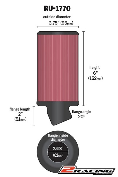 K&N univerzální sportovní filtr motokáry 62mm vstup, výška 152mm - RU-1770