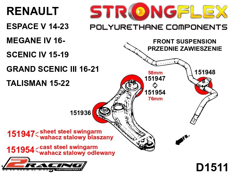 Přední vlečné rameno zadní silentblok 76mm Sport 151954A